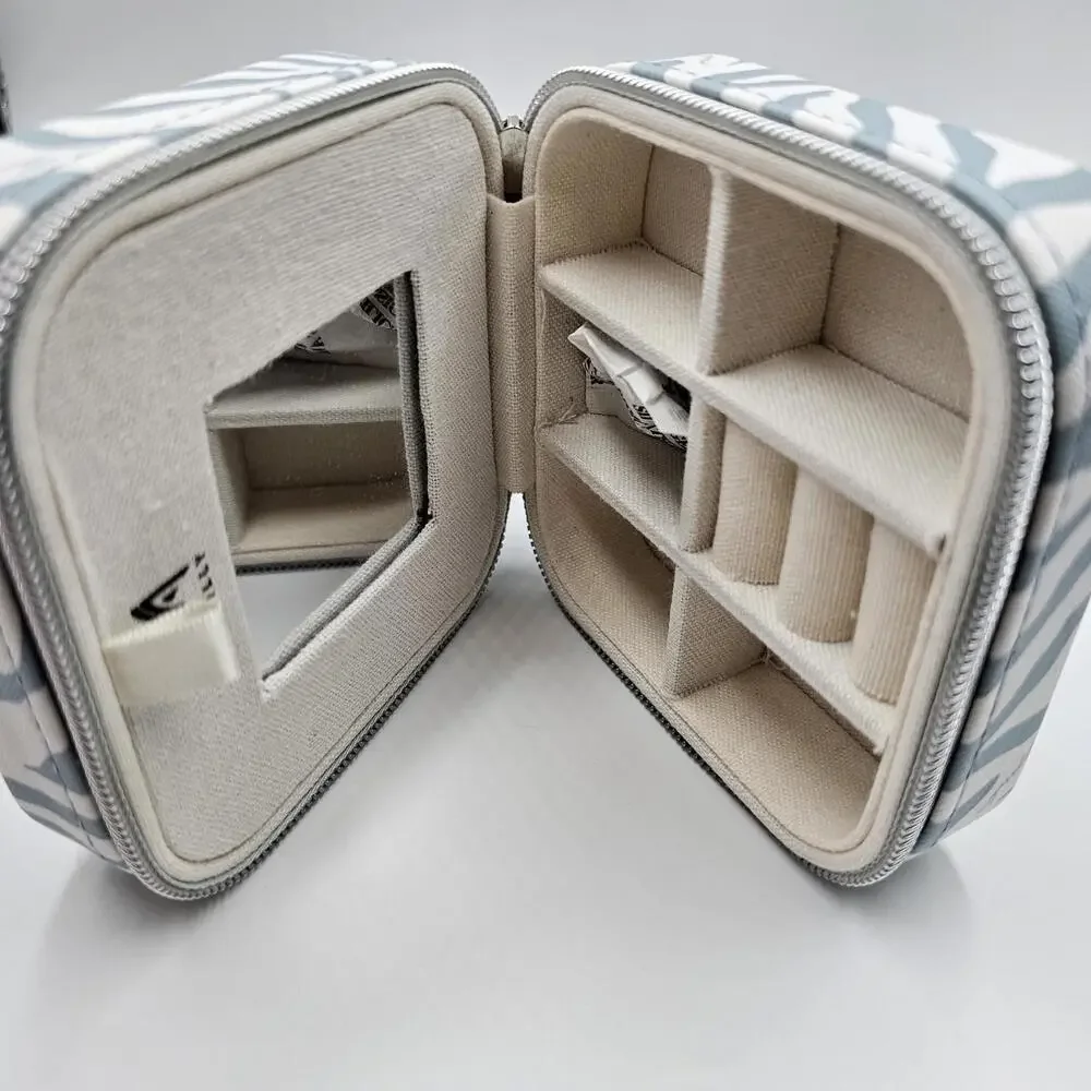 Milly‎ Blue Zebra Print Traveling Jewelry Case Mini Square Zip Organizer Mirror